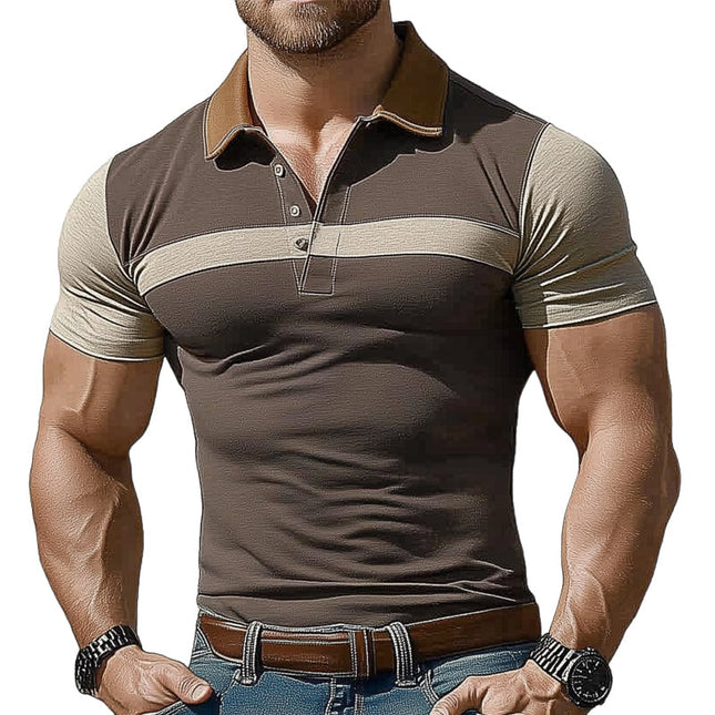 Men's Polo Collar T-Shirt | Brown Colorblock Design | Stretch Slim Fit | Breathable Summer Top | Classic Sporty Style | Versatile Casual Wear
