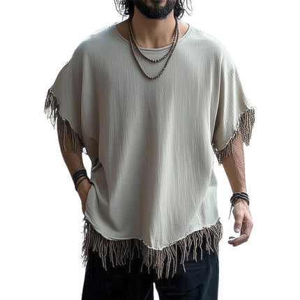 Men's Summer T-Shirt | Ice Silk | Wrinkled Texture | Tassel Details | Loose Fit | Short Sleeves | Crew Neck | Lightweight | Breathable | Versatile Casual Style | S-3XL