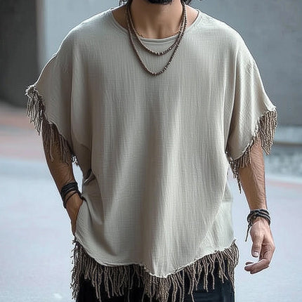 Men's Summer T-Shirt | Ice Silk | Wrinkled Texture | Tassel Details | Loose Fit | Short Sleeves | Crew Neck | Lightweight | Breathable | Versatile Casual Style | S-3XL