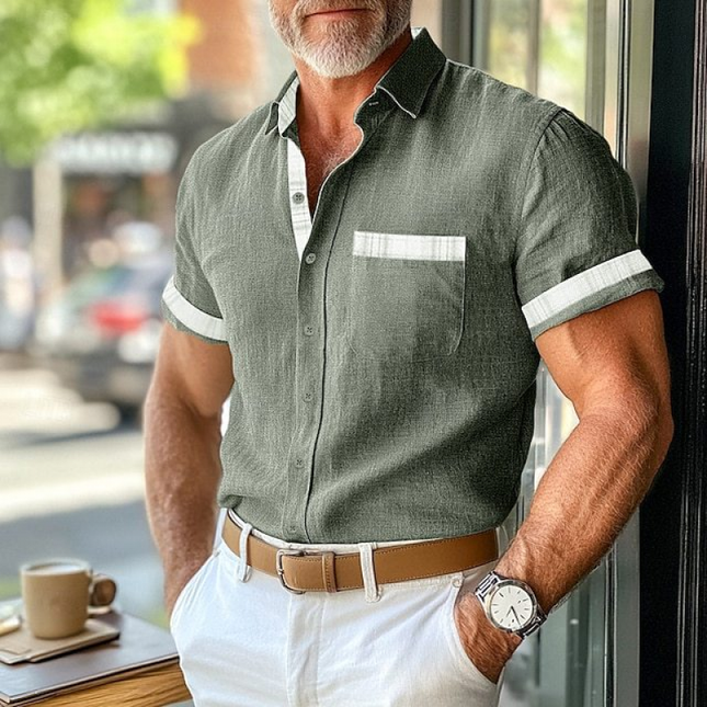 Men's Cotton Linen Shirt | Casual Plaid Patchwork | Lapel Collar | Slim Fit | Short Sleeves | Breathable Light Fabric | Comfortable Summer Top | Versatile Styling | Tailored Design