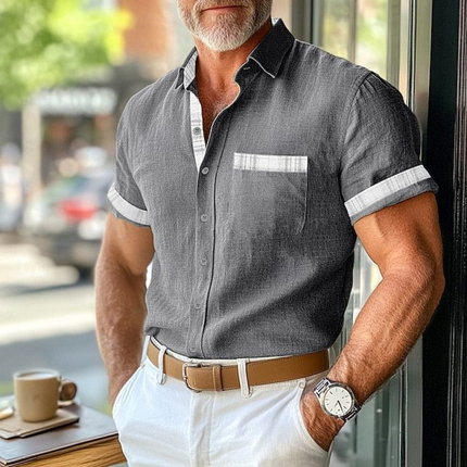Men's Cotton Linen Shirt | Casual Plaid Patchwork | Lapel Collar | Slim Fit | Short Sleeves | Breathable Light Fabric | Comfortable Summer Top | Versatile Styling | Tailored Design