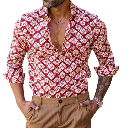 Men's Summer Long Sleeve Shirt | Bright Prints | Casual Dress Collared | Lightweight Breathable Fabric | Sizes S to 3XL | Roll-Up Sleeves | Vibrant Energy | Versatile Style | Perfect for Garden Parties & Beachսide Bonfire