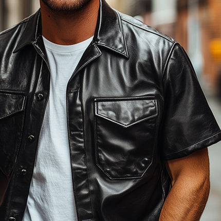 Men's Summer Shirt | Loose Fit Black PU Leather | Short Sleeve | Lightweight Breathable | Classic Point Collar | Modern Fashion Casual | Versatile Elegant Top | Sizes S to 3XL