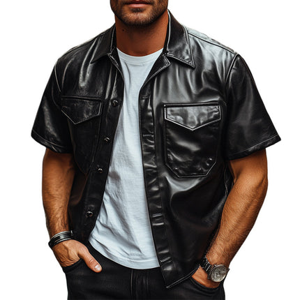 Men's Summer Shirt | Loose Fit Black PU Leather | Short Sleeve | Lightweight Breathable | Classic Point Collar | Modern Fashion Casual | Versatile Elegant Top | Sizes S to 3XL