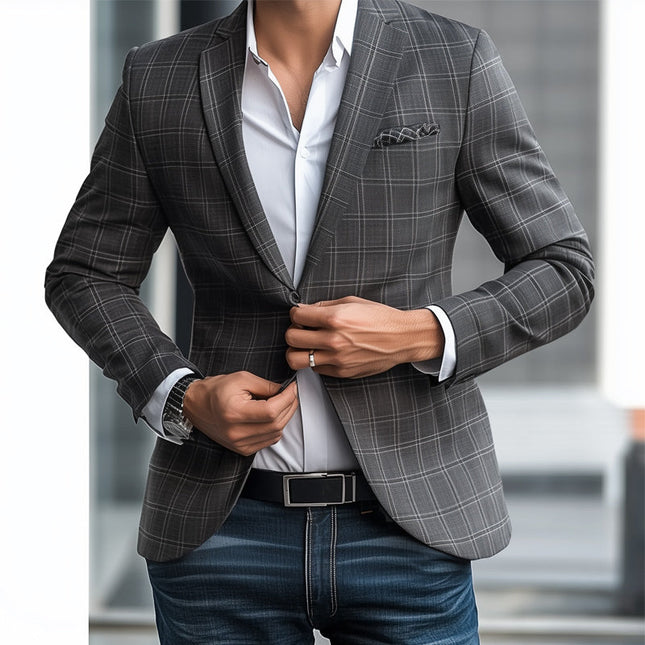 Men's Gray Plaid Blazer | Tailored Fit | Two-Button Closure | Spring & Autumn Wear | Elegant Texture | Sizes S to 3XL | Versatile Styling