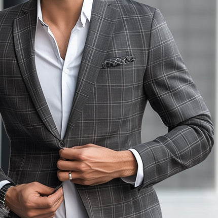 Men's Gray Plaid Blazer | Tailored Fit | Two-Button Closure | Spring & Autumn Wear | Elegant Texture | Sizes S to 3XL | Versatile Styling