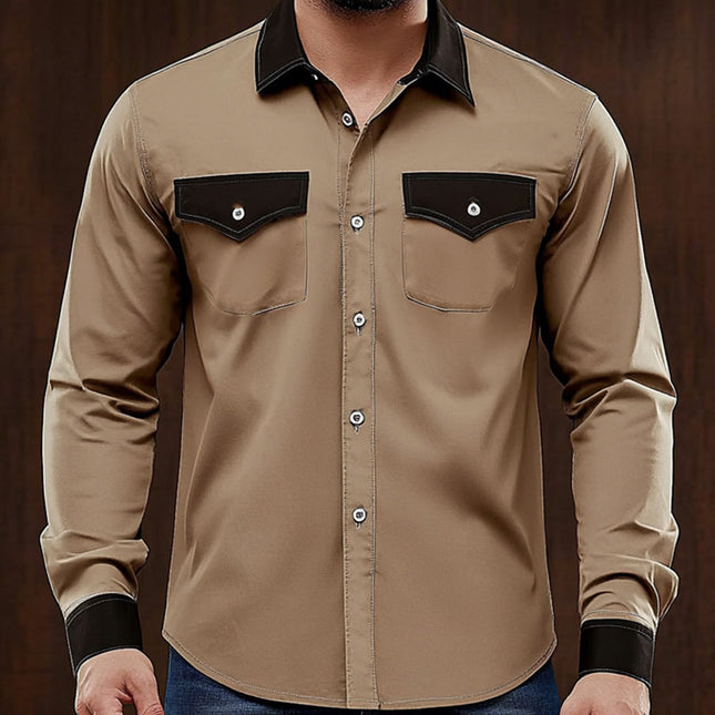 Men's Long Sleeve Shirt | Comfortable Colorblock Design | Khaki & Contrasting Tones | Breathable Cotton Blend | Relaxed Fit | Work & Casual Wear