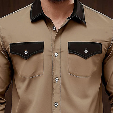 Men's Long Sleeve Shirt | Comfortable Colorblock Design | Khaki & Contrasting Tones | Breathable Cotton Blend | Relaxed Fit | Work & Casual Wear