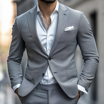 Men's Two-Button Suit Blazer | Light Grey | Spring & Autumn | Classic Fit | Fully Lined | Elegant Office & Wedding Attire | High-Quality Breathable Fabric | Versatile & Stylish | Regular Fit | Sophisticated Men's Jacket