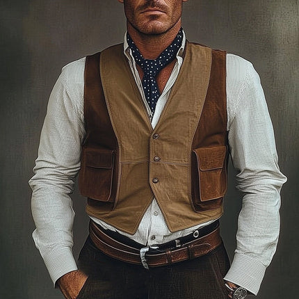 Men's Suede Vest | Three-Button Brown | Colorblock Design | Tailored Fit | Durable Suede | Fully Lined | Side Pockets | Classic Style | Versatile Layering | Elegant | Comfortable Fashion