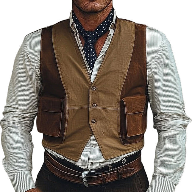 Men's Suede Vest | Three-Button Brown | Colorblock Design | Tailored Fit | Durable Suede | Fully Lined | Side Pockets | Classic Style | Versatile Layering | Elegant | Comfortable Fashion