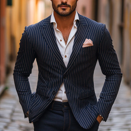 Men's Striped Blazer | Casual Single Breasted Jacket | Tailored Fit | High-Quality Fabric | Sophisticated Pattern | Versatile Office to Casual Wear | Comfortable Durable Outerwear