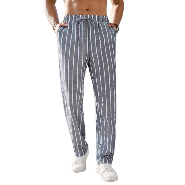 Men's Striped Elastic Waist Beach Pants | Cotton Linen Blend | Casual Lightweight Summer Trousers | Breathable Stripes | Elastic Waistband | Versatile Style | Comfortable Fit