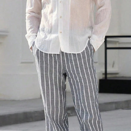 Men's Striped Elastic Waist Beach Pants | Cotton Linen Blend | Casual Lightweight Summer Trousers | Breathable Stripes | Elastic Waistband | Versatile Style | Comfortable Fit