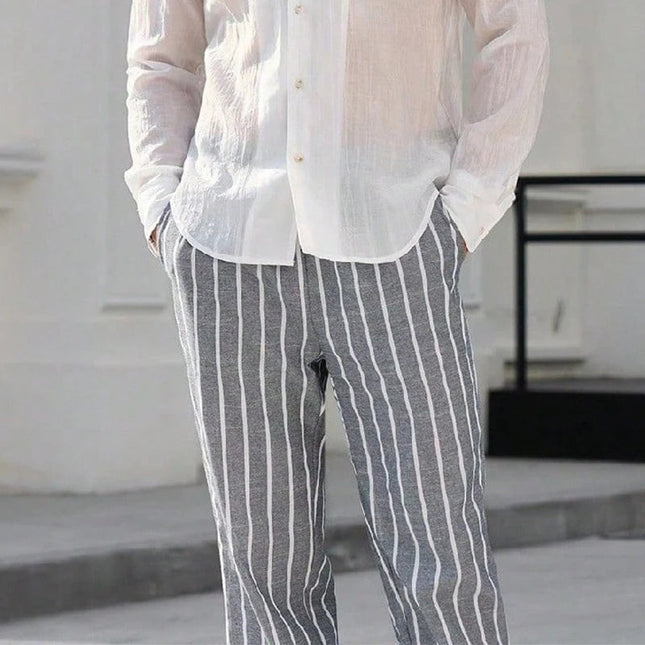 Men's Striped Elastic Waist Beach Pants | Cotton Linen Blend | Casual Lightweight Summer Trousers | Breathable Stripes | Elastic Waistband | Versatile Style | Comfortable Fit