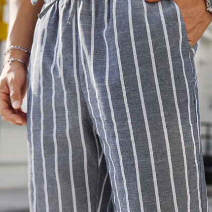 Men's Striped Elastic Waist Beach Pants | Cotton Linen Blend | Casual Lightweight Summer Trousers | Breathable Stripes | Elastic Waistband | Versatile Style | Comfortable Fit