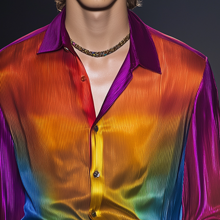 Men's Retro Rainbow Print Shirt | Long Sleeve | Light Lapel | Casual Fit | Vibrant Design | Trendy Style | Comfortable Polyester | Multiple Sizes | Perfect for Casual Outings & Social Events