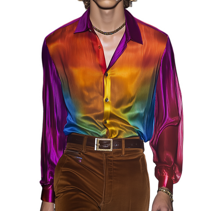 Men's Retro Rainbow Print Shirt | Long Sleeve | Light Lapel | Casual Fit | Vibrant Design | Trendy Style | Comfortable Polyester | Multiple Sizes | Perfect for Casual Outings & Social Events
