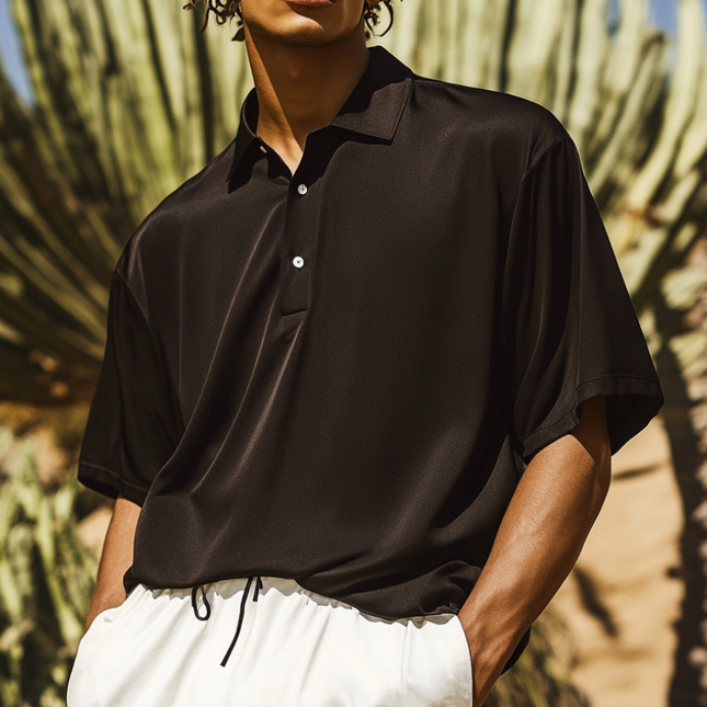 Men's Oversized Polo Shirt | Satin Lapel | Short Sleeve | Luxurious Satin Fabric | Breathable | Comfortable Fit | Casual & Smart-Casual Wear | Easy Care | Fashionable Design | Versatile Styling Options