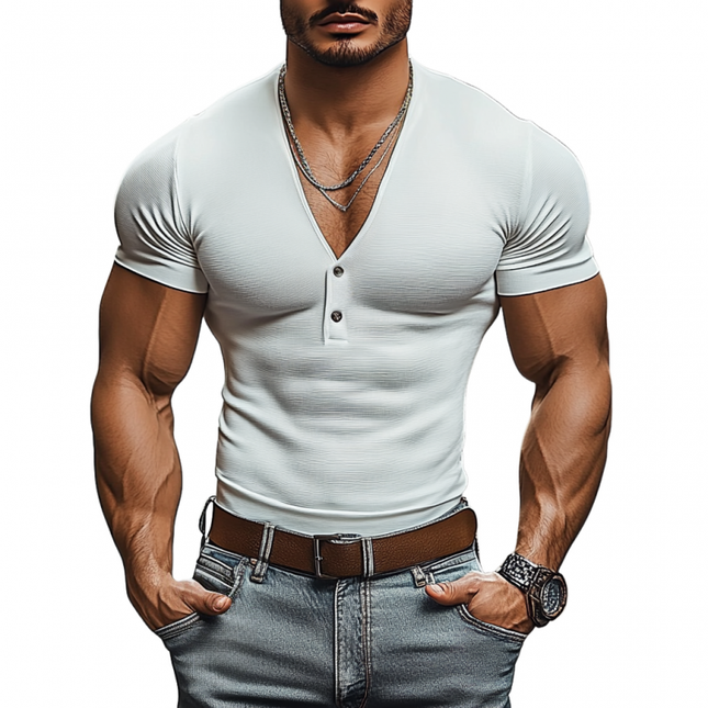 Men's V-neck Button Slim Fit T-Shirt | Cotton Blend | Short Sleeve | Casual Stylish Tee | Breathable Comfortable Fabric | Versatile Fashion Shirt