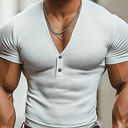 Men's V-neck Button Slim Fit T-Shirt | Cotton Blend | Short Sleeve | Casual Stylish Tee | Breathable Comfortable Fabric | Versatile Fashion Shirt