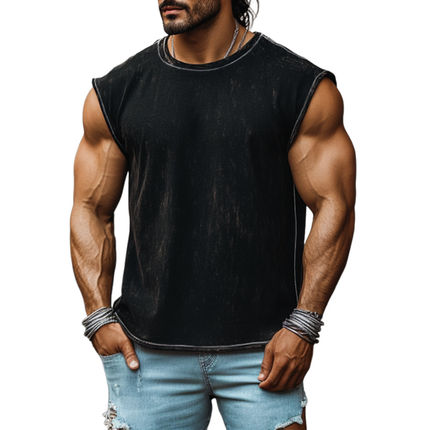 Men's Loose Round Neck Tank Top | Vintage Heavy Wash Denim | Casual Summer Wear | High-Quality Breathable Fabric | Relaxed Fit Silhouette | Durable Easy Care | Versatile Styling Options | Multiple Sizes Available