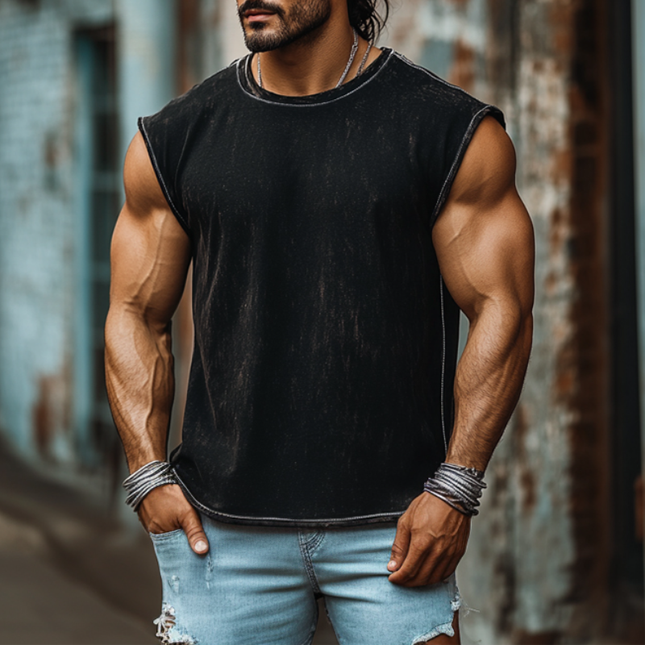 Men's Loose Round Neck Tank Top | Vintage Heavy Wash Denim | Casual Summer Wear | High-Quality Breathable Fabric | Relaxed Fit Silhouette | Durable Easy Care | Versatile Styling Options | Multiple Sizes Available
