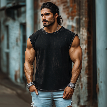 Men's Loose Round Neck Tank Top | Vintage Heavy Wash Denim | Casual Summer Wear | High-Quality Breathable Fabric | Relaxed Fit Silhouette | Durable Easy Care | Versatile Styling Options | Multiple Sizes Available