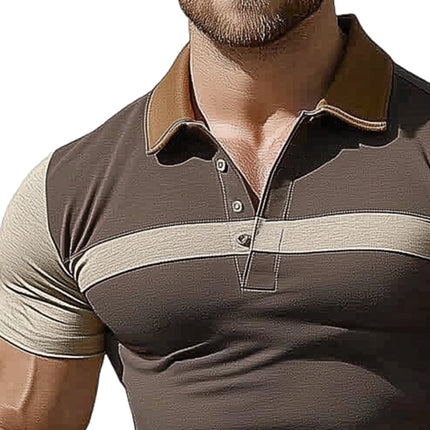 Men's Polo Collar T-Shirt | Brown Colorblock Design | Stretch Slim Fit | Breathable Summer Top | Classic Sporty Style | Versatile Casual Wear