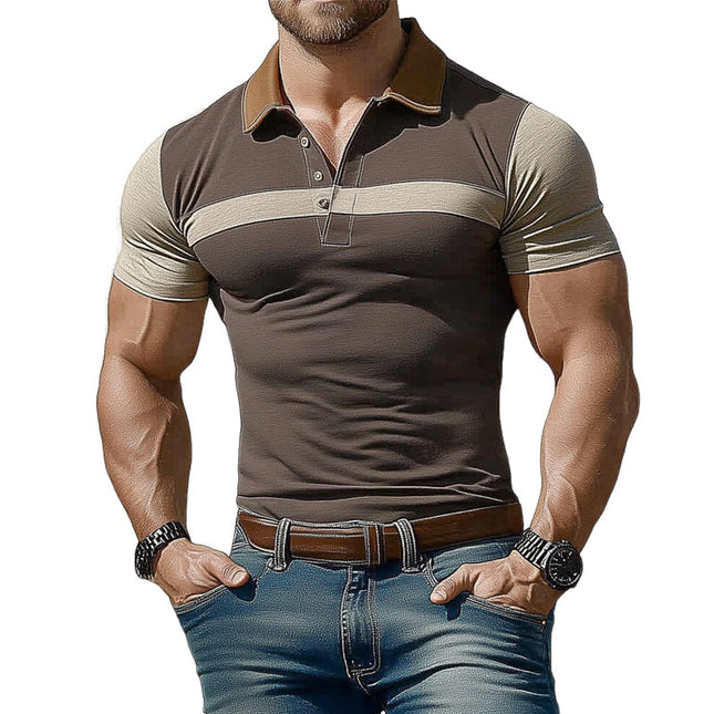 Men's Polo Collar T-Shirt | Brown Colorblock Design | Stretch Slim Fit | Breathable Summer Top | Classic Sporty Style | Versatile Casual Wear