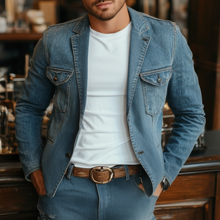 Men's Slim Fit Denim Blazer | Retro Notched Lapel | Single Breasted | Multi-Pocket | Casual Wear | Stylish Outerwear | High-Quality Fabric | Versatile | Vintage Style | Easy Care | Available in Multiple Sizes