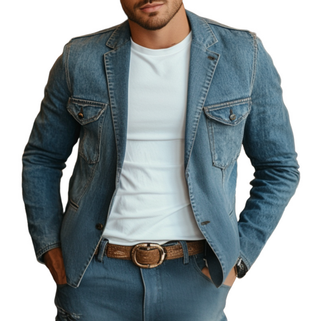 Men's Slim Fit Denim Blazer | Retro Notched Lapel | Single Breasted | Multi-Pocket | Casual Wear | Stylish Outerwear | High-Quality Fabric | Versatile | Vintage Style | Easy Care | Available in Multiple Sizes