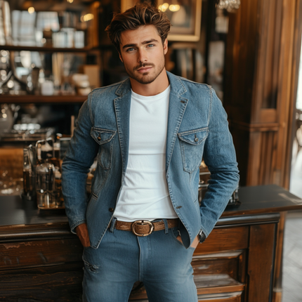 Men's Slim Fit Denim Blazer | Retro Notched Lapel | Single Breasted | Multi-Pocket | Casual Wear | Stylish Outerwear | High-Quality Fabric | Versatile | Vintage Style | Easy Care | Available in Multiple Sizes