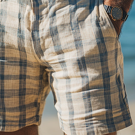 Men's Plaid Linen Shorts | Spring Fashion | Casual Sports | Lightweight Breathable Fabric | Elastic Waist | Adjustable Drawstring | Multiple Pockets | Versatile Style | Ideal for Warm Weather