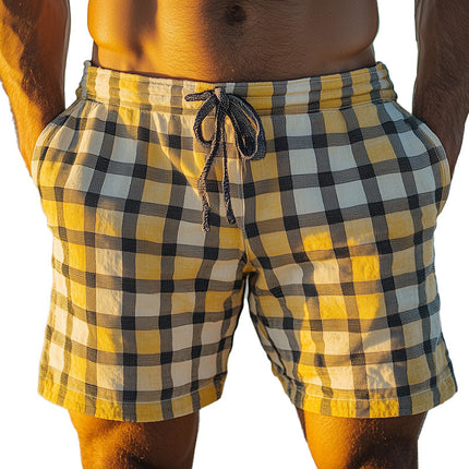 Men's Spring Plaid Linen Shorts | Casual Sports Style | Breathable Lightweight Fabric | Adjustable Drawstring Waist | Versatile for Outings & Home | Trendy Summer Fashion