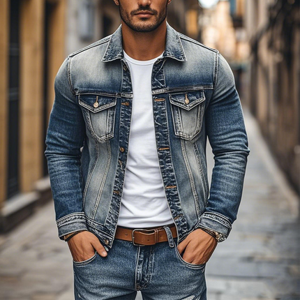 Men's Vintage Denim Jacket | Heavy Wash | Lapel & Single Breasted | Slim Fit | High-Quality Fabric | Timeless Style | Versatile Outerwear | Functional Pockets | Durable & Comfortable | Multiple Sizes Available