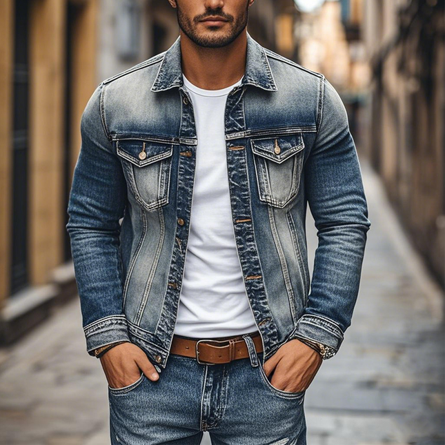 Men's Vintage Denim Jacket | Heavy Wash | Lapel & Single Breasted | Slim Fit | High-Quality Fabric | Timeless Style | Versatile Outerwear | Functional Pockets | Durable & Comfortable | Multiple Sizes Available