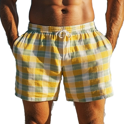 Men's Plaid Linen Casual Sports Shorts | Spring Fashion | Breathable Comfortable | Lightweight Versatile Shorts for Spring Summer