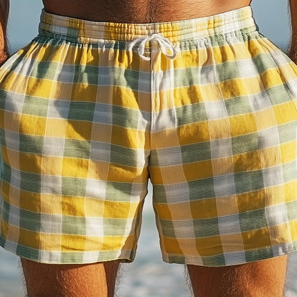 Men's Plaid Linen Casual Sports Shorts | Spring Fashion | Breathable Comfortable | Lightweight Versatile Shorts for Spring Summer