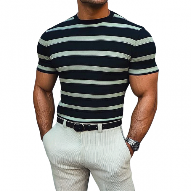 Men's Knitted Short Sleeve Sweater | Contrast Color Stripes | Round Neck | Slim Fit | Casual | Soft & Breathable | Premium Fabric | Easy Care | Stylish & Comfortable | Versatile Fashion for Modern Men