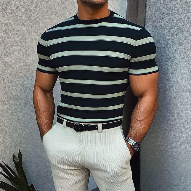 Men's Knitted Short Sleeve Sweater | Contrast Color Stripes | Round Neck | Slim Fit | Casual | Soft & Breathable | Premium Fabric | Easy Care | Stylish & Comfortable | Versatile Fashion for Modern Men