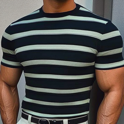 Men's Knitted Short Sleeve Sweater | Contrast Color Stripes | Round Neck | Slim Fit | Casual | Soft & Breathable | Premium Fabric | Easy Care | Stylish & Comfortable | Versatile Fashion for Modern Men
