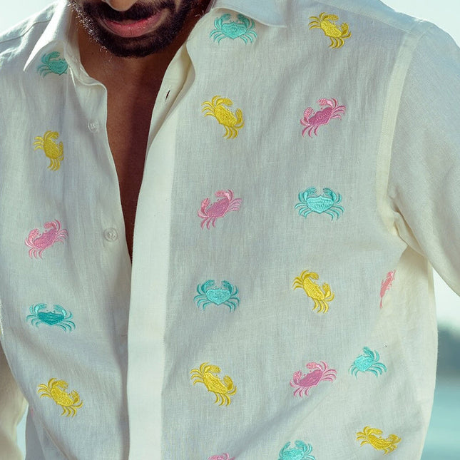 Men's Long Sleeve Shirt | Embroidered Fun Crab Pattern | Unique Design | Comfortable Fit | Casual & Semi-Formal Wear | Stylish Clothing for Men | Playful Fashion Top | High-Quality Materials | Versatile Style