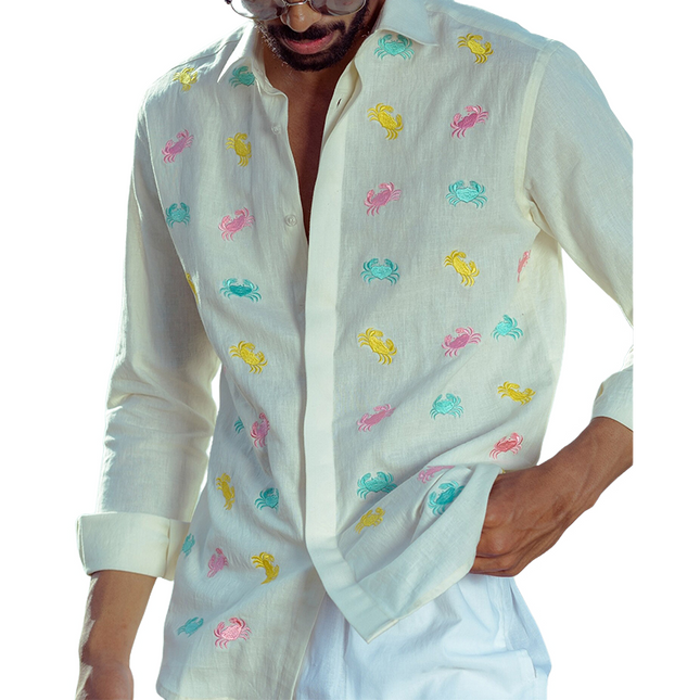 Men's Long Sleeve Shirt | Embroidered Fun Crab Pattern | Unique Design | Comfortable Fit | Casual & Semi-Formal Wear | Stylish Clothing for Men | Playful Fashion Top | High-Quality Materials | Versatile Style