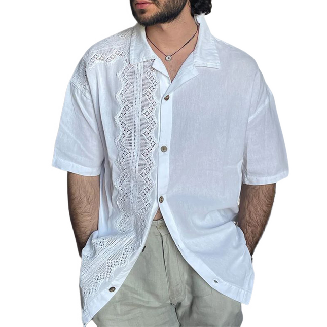 Men's Lace Spliced Lapel Shirt | Solid Color | Long Sleeve | Classic & Modern Styles | Versatile & Stylish Dress Shirt | High-Quality Material | Elegant Design | Suitable for Formal & Casual Occasions