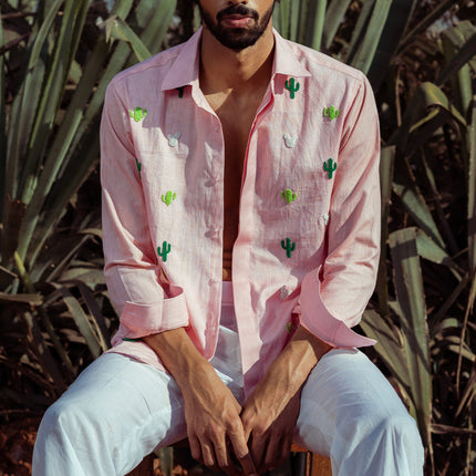 Men's Long Sleeve Shirt | Fun Cactus Embroidered | Casual Dress | Premium Fabric | Button-Down Closure | Classic Fit | Versatile Design | Eye-Catching Style | Sharp Look | All-Day Comfort
