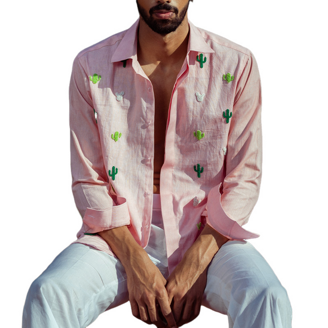Men's Long Sleeve Shirt | Fun Cactus Embroidered | Casual Dress | Premium Fabric | Button-Down Closure | Classic Fit | Versatile Design | Eye-Catching Style | Sharp Look | All-Day Comfort