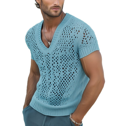 Men's Summer T-Shirt | V-Neck | Breathable Knitted Mesh | Lightweight | Stylish Casual Wear | Comfortable Tee for Warm Weather | Fashionable Design | Ideal for Summer Outfits