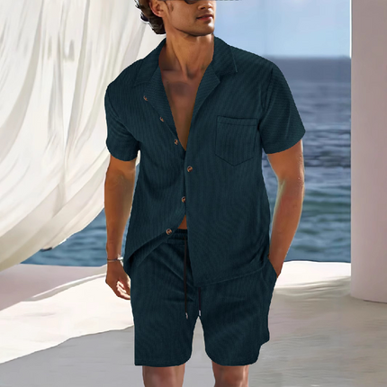 Men's Solid Color Two-Piece Set | Short Sleeve Shirt & Shorts | Holiday Casual Outfit | Breathable Fabric | Versatile Styling | Summer Fashion Essentials
