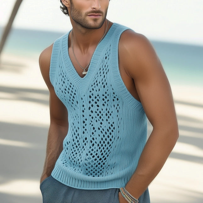 Men's Knitted Hollow Tank Top | Summer Fashion | Breathable Sleeveless Design | Casual Seaside Clothing | Available Sizes S-3XL | High-Quality Soft Fabric | Comfortable Fit | Trendy Summer Outfit
